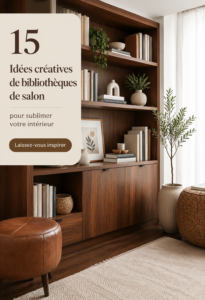 Une belle bibliothèque moderne avec des livres et des décorations dans un salon chaleureux.