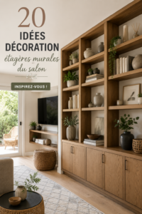 Étagères décorées avec des livres, des plantes et des objets décoratifs dans un salon chaleureux.