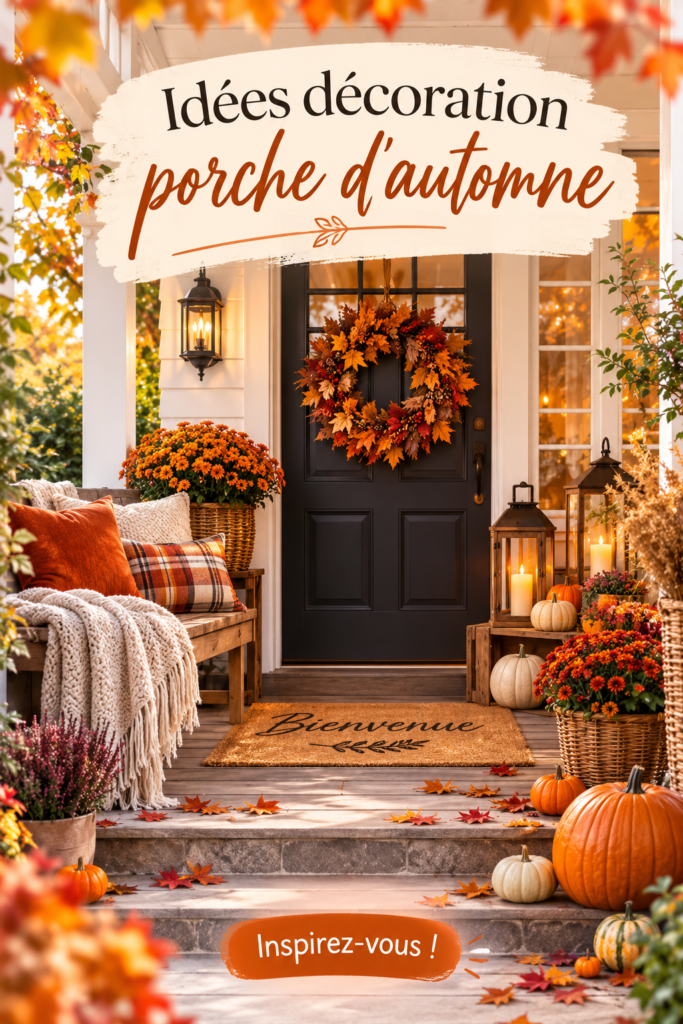 Un porche d'automne décoré avec des courges et des feuilles colorées, créant une ambiance chaleureuse.