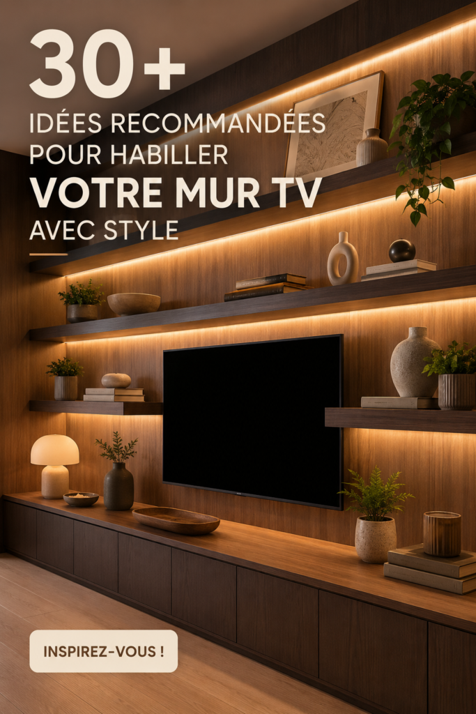 Mur TV stylisé avec étagères intégrées modernes dans un intérieur chaleureux