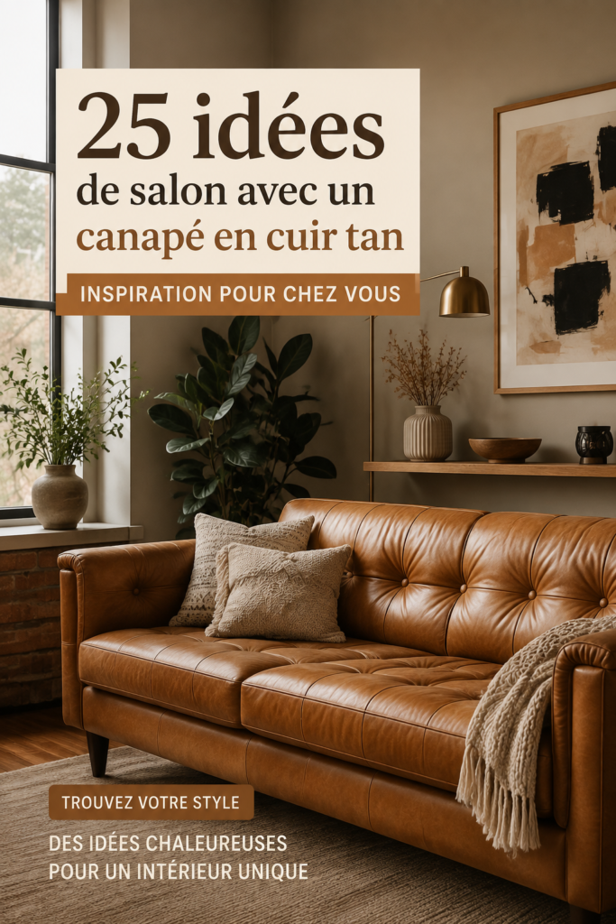 Un salon élégant avec un canapé en cuir tan, décoré de coussins et d'une lampe chaleureuse.