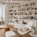 Un salon minimaliste avec des meubles en bois et des murs blancs, créant une atmosphère chaleureuse.