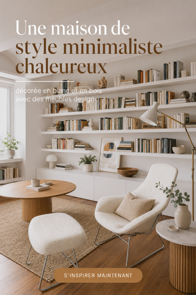 Un salon minimaliste avec des meubles en bois et des murs blancs, créant une atmosphère chaleureuse.