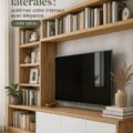 Un salon moderne avec un meuble TV en bois et des étagères latérales, décoré avec soin.