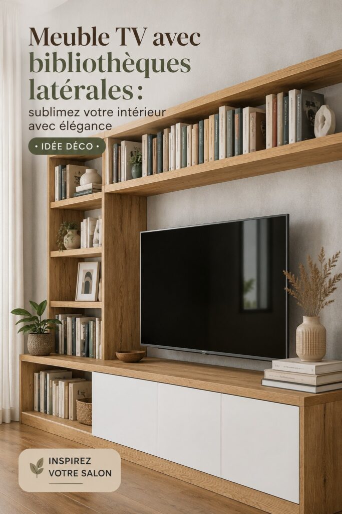 Un salon moderne avec un meuble TV en bois et des étagères latérales, décoré avec soin.