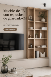 Meuble TV en bois avec rangements intégrés dans un salon cosy