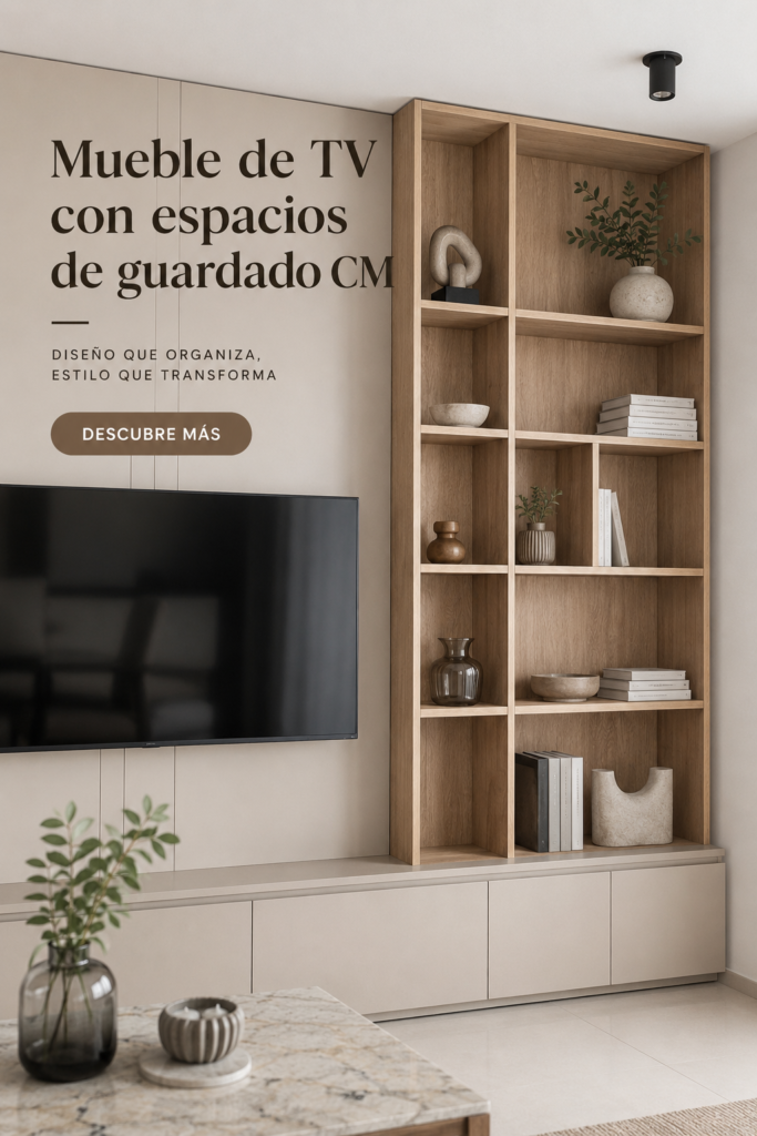 Meuble TV en bois avec rangements intégrés dans un salon cosy