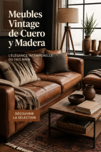 meuble vintage en cuir et bois dans un salon chaleureux