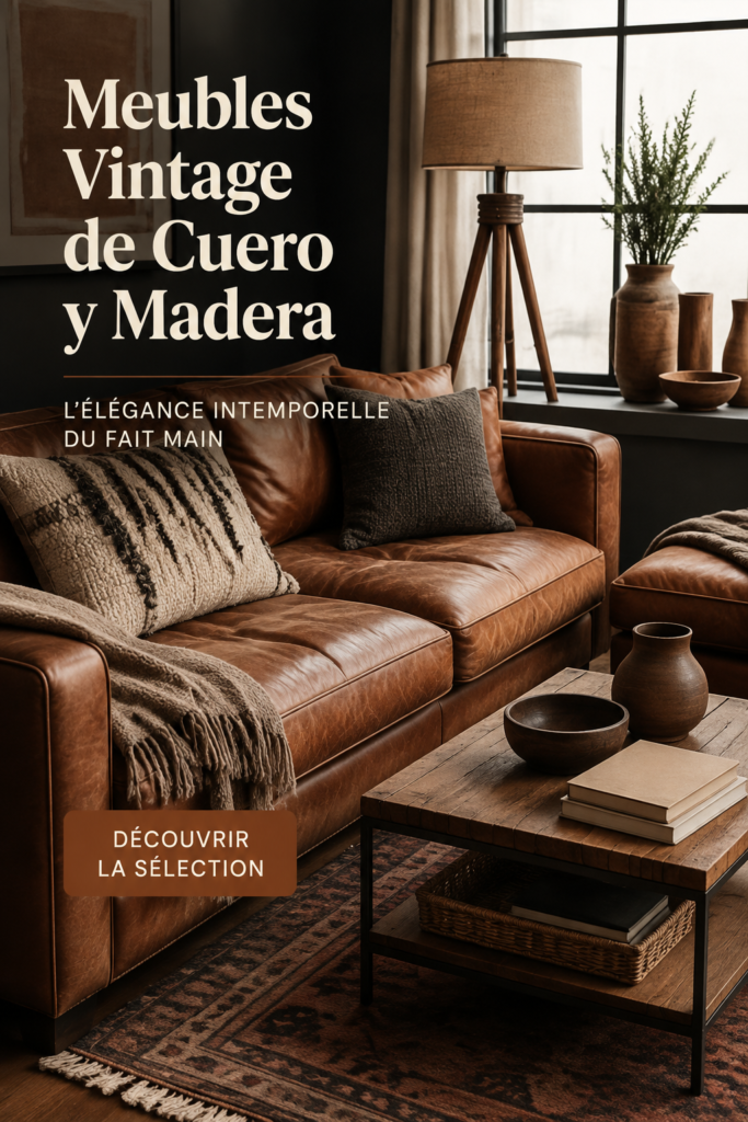 meuble vintage en cuir et bois dans un salon chaleureux