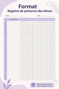 Image d'un registre d'assistance pour élèves avec des cases à cocher et des informations