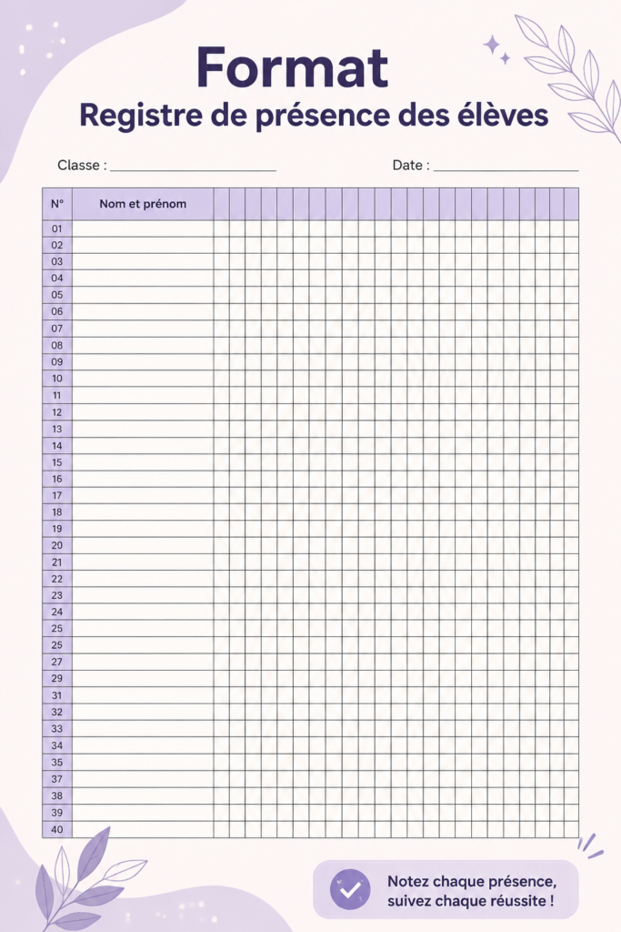 Image d'un registre d'assistance pour élèves avec des cases à cocher et des informations