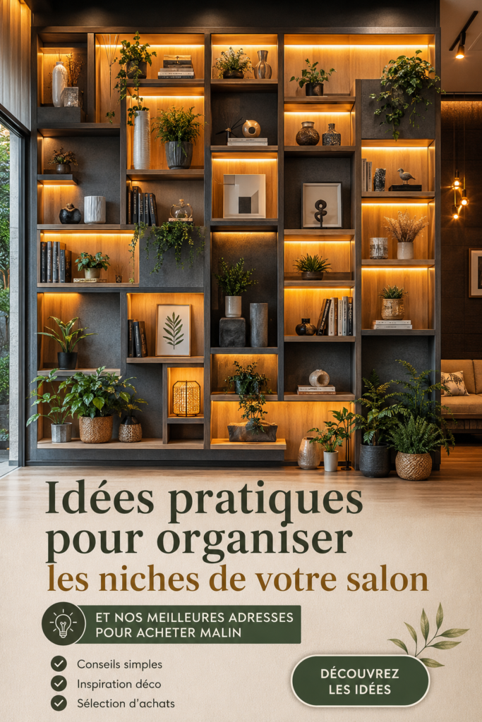 Un salon bien aménagé avec des niches décorées et organisées.