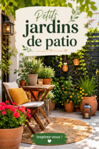 Un joli petit jardin de patio avec des plantes colorées et du mobilier confortable.