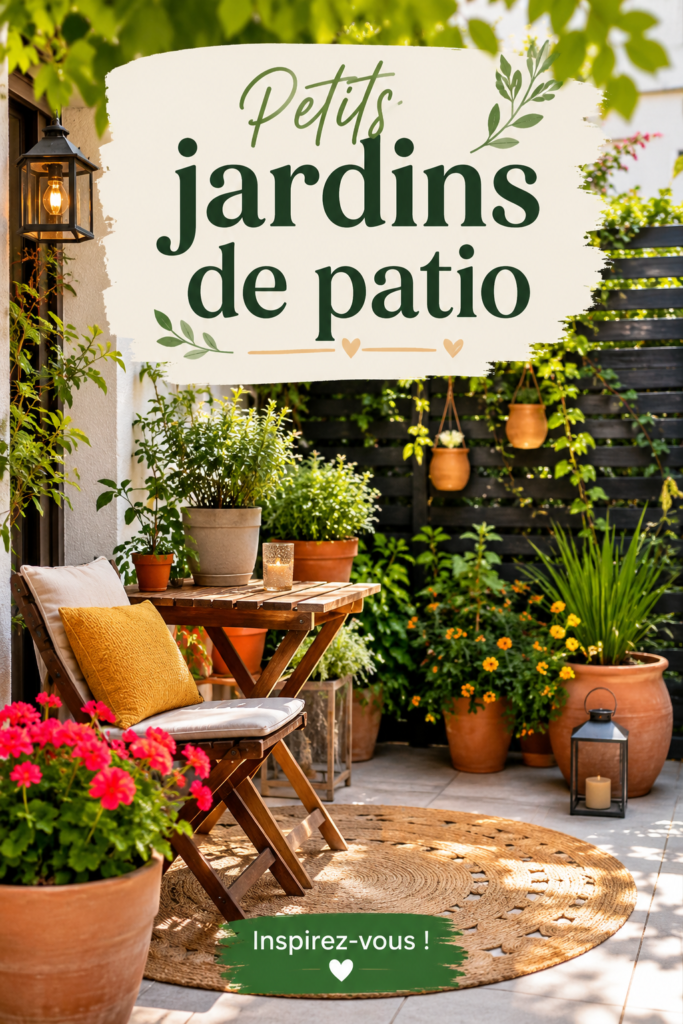 Un joli petit jardin de patio avec des plantes colorées et du mobilier confortable.