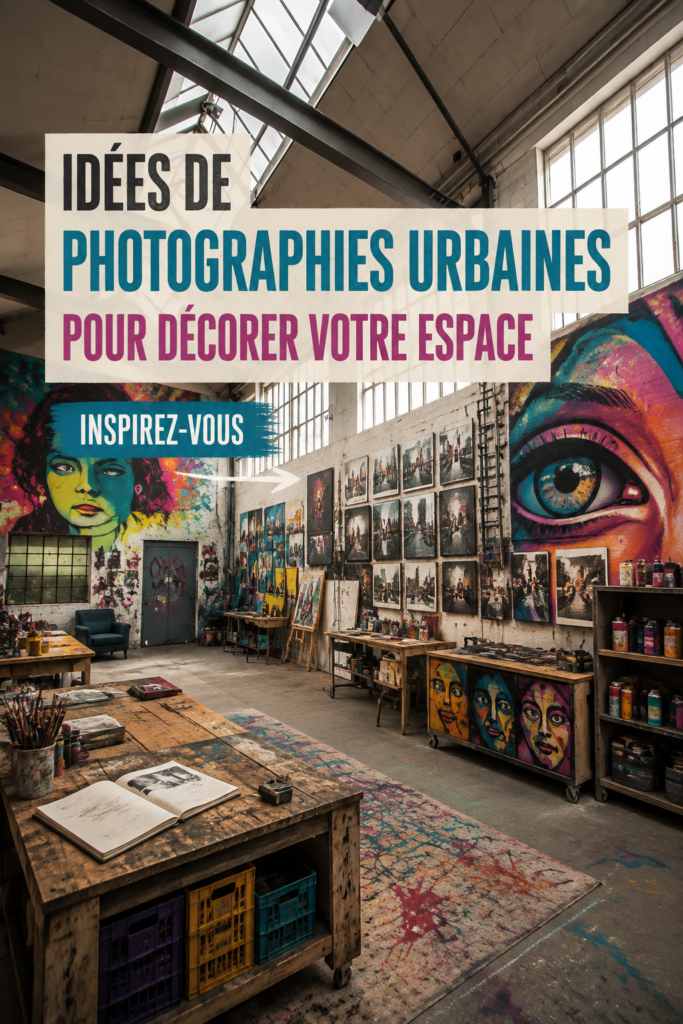 Un salon avec des photos urbaines encadrées sur le mur et une décoration moderne