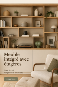 Un salon lumineux avec un placard intégré élégant et des étagères stylées.