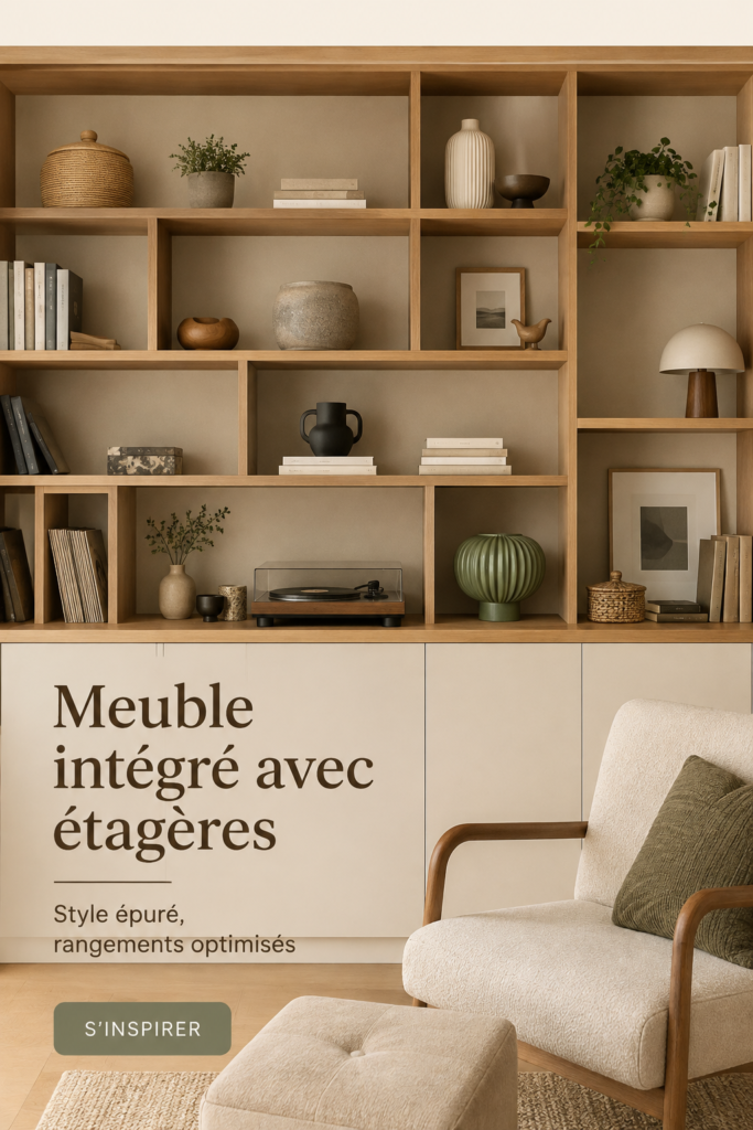 Un salon lumineux avec un placard intégré élégant et des étagères stylées.