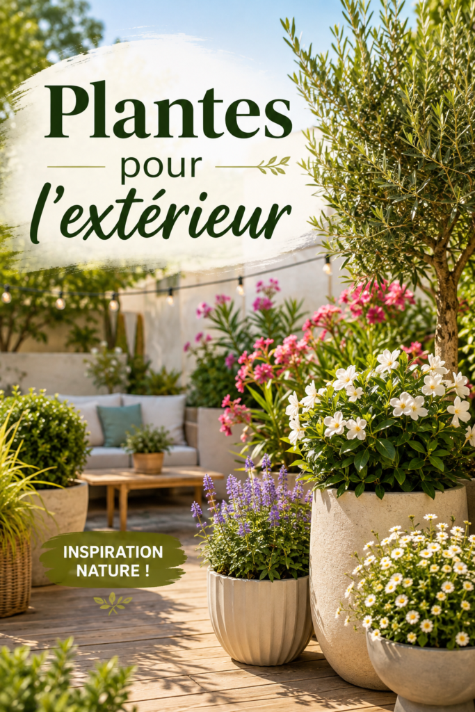 Jardin embelli avec des plantes d'extérieur colorées et variées.