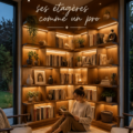Étagères stylisées avec des livres et des objets décoratifs, créant une ambiance chaleureuse dans le salon.