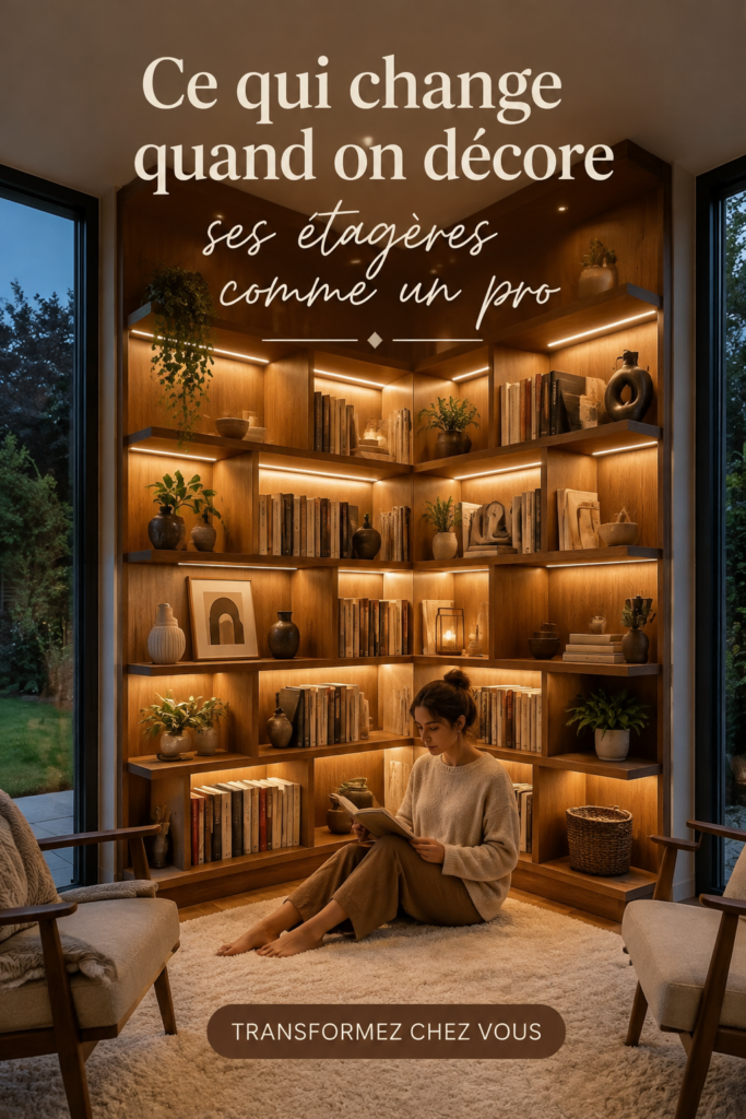 Étagères stylisées avec des livres et des objets décoratifs, créant une ambiance chaleureuse dans le salon.
