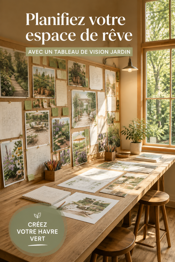 Tableau de vision pour un jardin coloré et bien aménagé, contenant diverses plantes et éléments décoratifs.