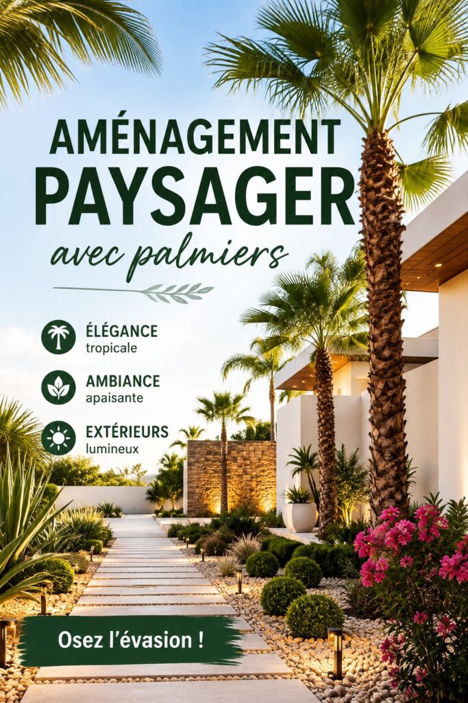 Jardin aménagé avec des palmiers majestueux et une ambiance tropicale