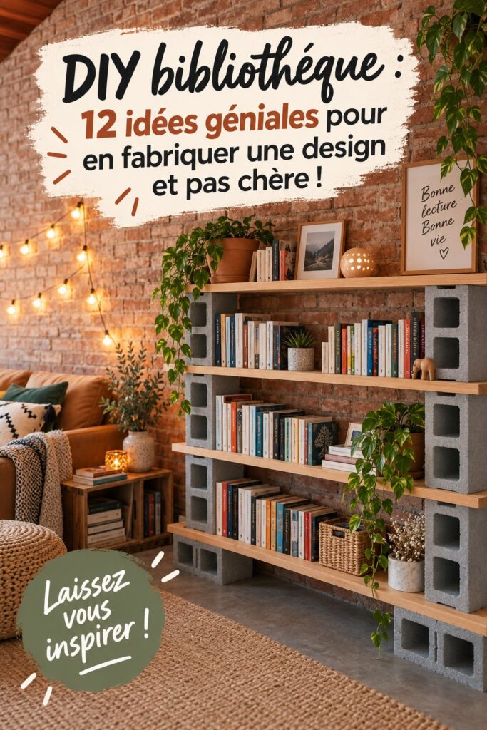 Bibliothèque DIY moderne en bois avec des livres et des objets décoratifs