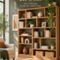 Une élégante bibliothèque en bois rustique intégrée dans un salon chaleureux.