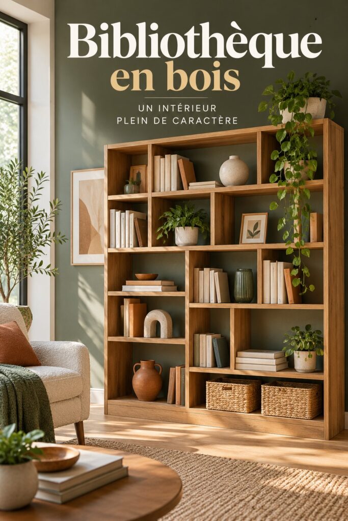 Une élégante bibliothèque en bois rustique intégrée dans un salon chaleureux.