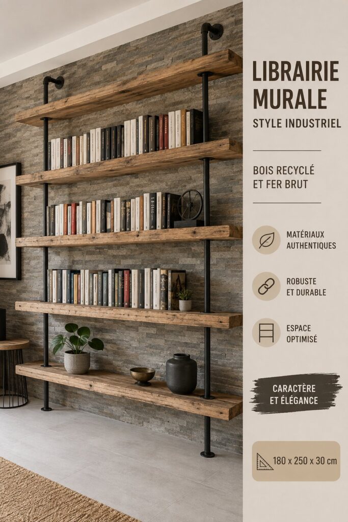 Bibliothèque murale en bois et métal dans un intérieur au style industriel
