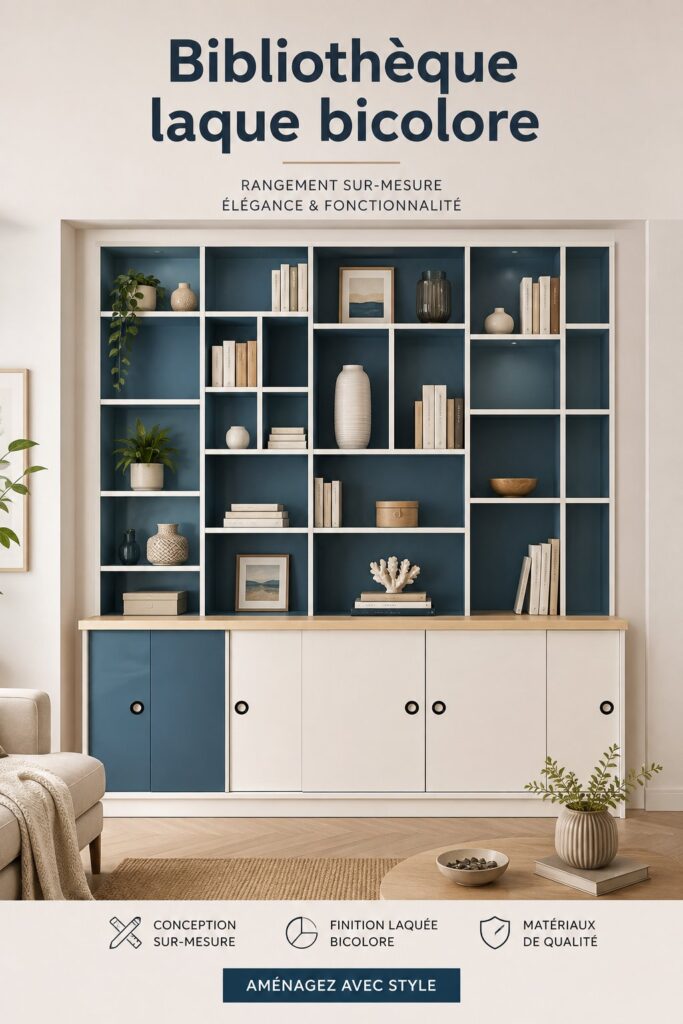 Une bibliothèque laque bicolore élégante dans un salon moderne.