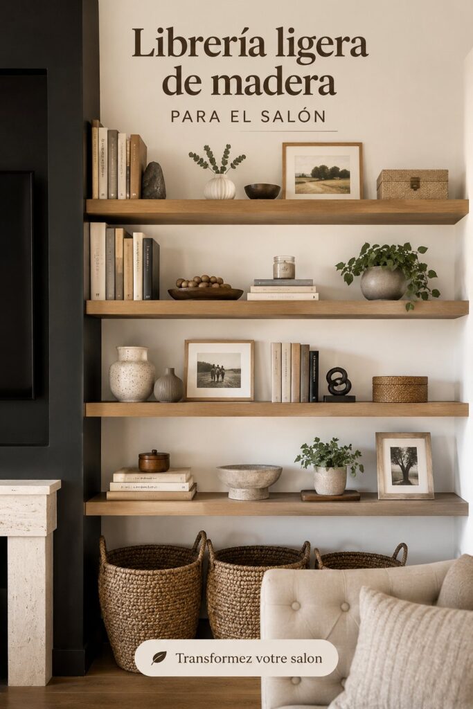 Bibliothèque légère en bois moderne dans un salon chaleureux
