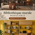 Bibliothèque murale modulable en bois clair avec des livres et des objets de décoration