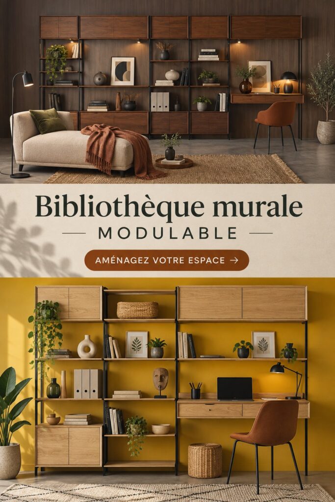 Bibliothèque murale modulable en bois clair avec des livres et des objets de décoration