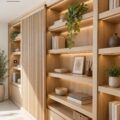 Bibliothèque en bois sur mesure avec éclairage LED intégrée, créant une ambiance chaleureuse dans un salon moderne.