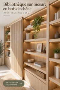 Bibliothèque en bois sur mesure avec éclairage LED intégrée, créant une ambiance chaleureuse dans un salon moderne.