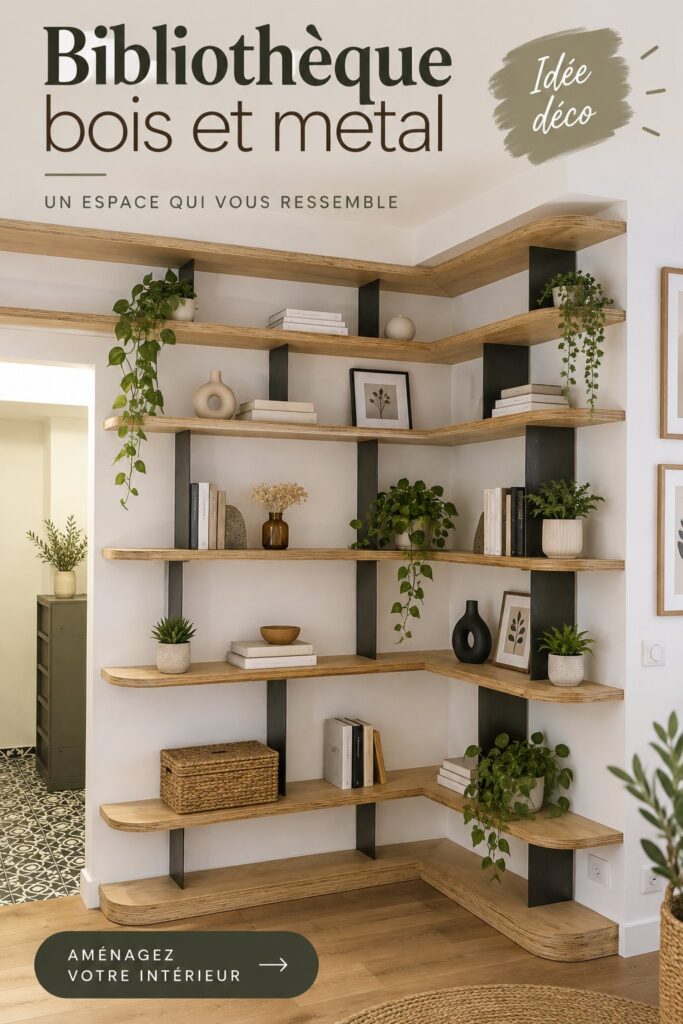 Bibliothèque moderne en bois et métal dans un salon chaleureux