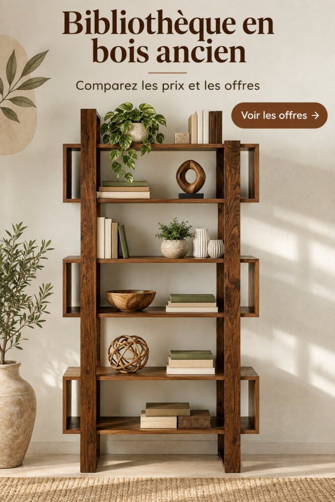 Bibliothèque en bois ancien dans un salon chic et chaleureux
