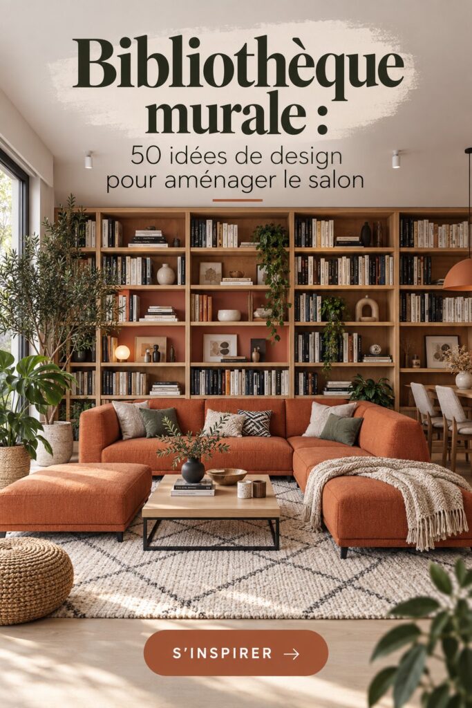 Bibliothèque murale moderne avec livres et objets décoratifs dans un salon élégant.