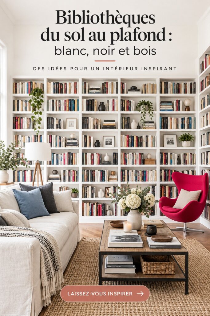 Bibliothèque moderne du sol au plafond avec livres et objets décoratifs.