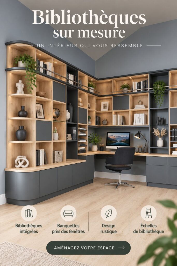Bibliothèque sur mesure en bois éclairée dans un salon moderne