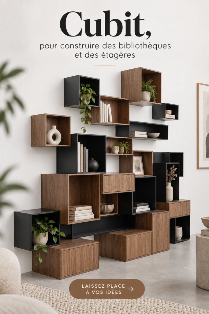 Bibliothèque moderne construite avec le système Cubit, design épuré et fonctionnel.