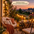 Balcon cosy décoré avec des guirlandes lumineuses pour une atmosphère chaleureuse.