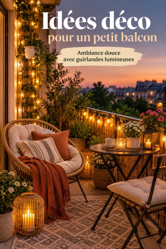 Balcon cosy décoré avec des guirlandes lumineuses pour une atmosphère chaleureuse.