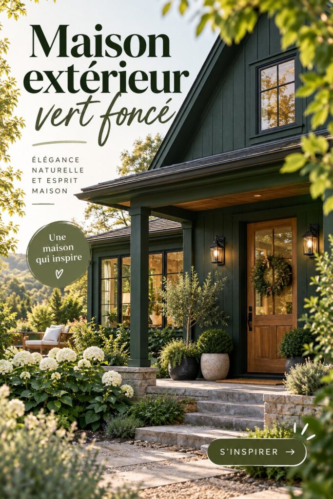 Maison extérieure peinte en vert foncé, au style élégant et chaleureux.