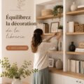 Décoration harmonieuse d'une bibliothèque moderne avec équilibre de couleurs et mobilier.