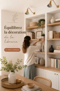 Décoration harmonieuse d'une bibliothèque moderne avec équilibre de couleurs et mobilier.