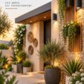 Un mur extérieur décoré avec des plantes grimpantes et des couleurs vives, apportant une touche chaleureuse à la maison.
