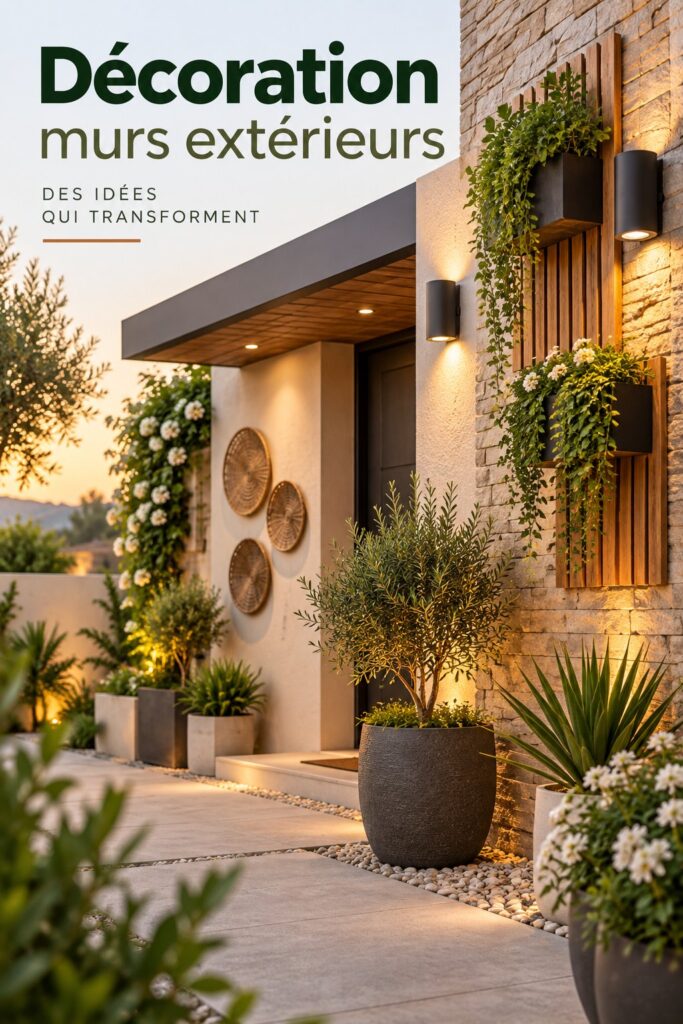Un mur extérieur décoré avec des plantes grimpantes et des couleurs vives, apportant une touche chaleureuse à la maison.