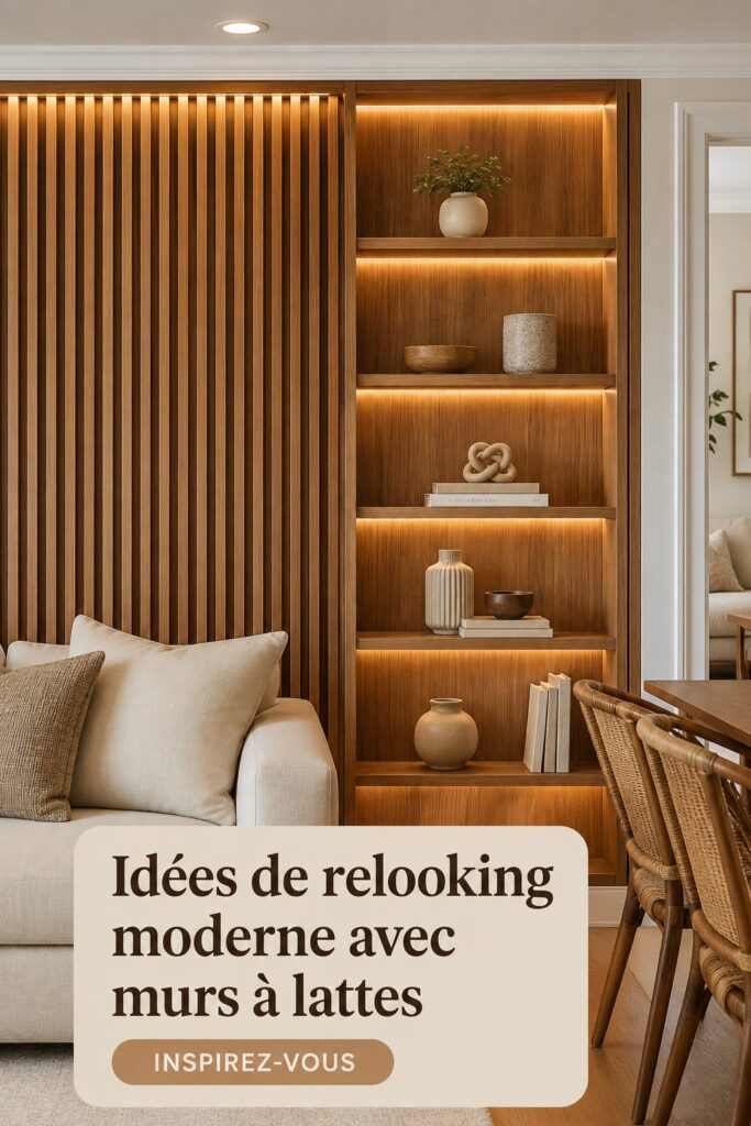 Intérieur moderne avec des murs en lattes et décoration chaleureuse